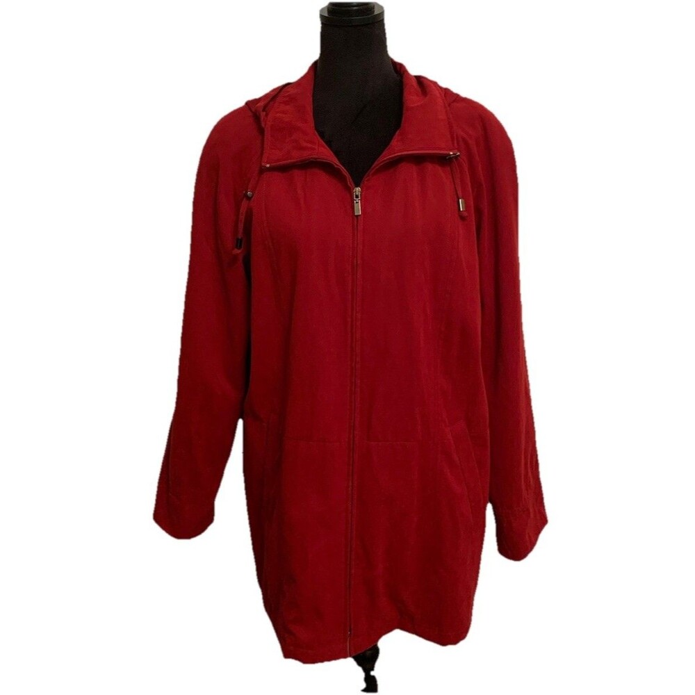 London Fog Womens Size Large Red Rain Jacket Hooded Long Sleeve Zip Front Lined
